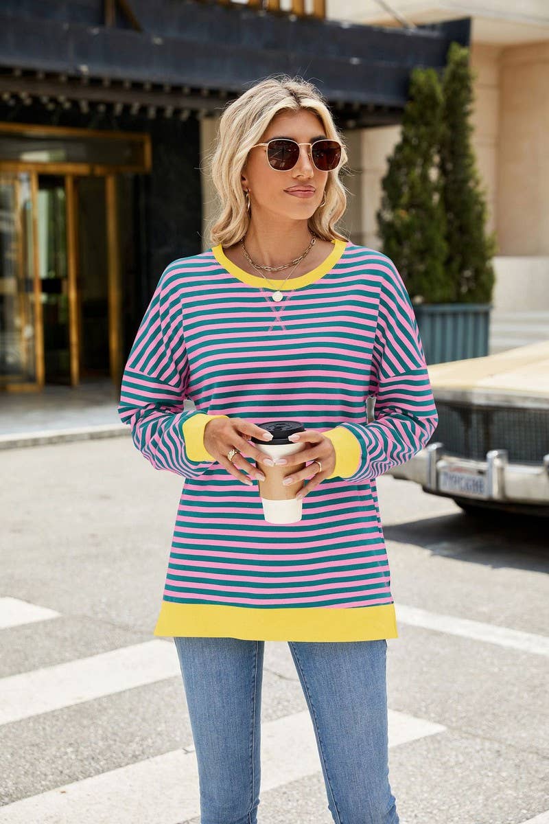 CWTBLL3746_CONTRAST COLOR SLIT LOOSE STRIPED SWEATSHIRT