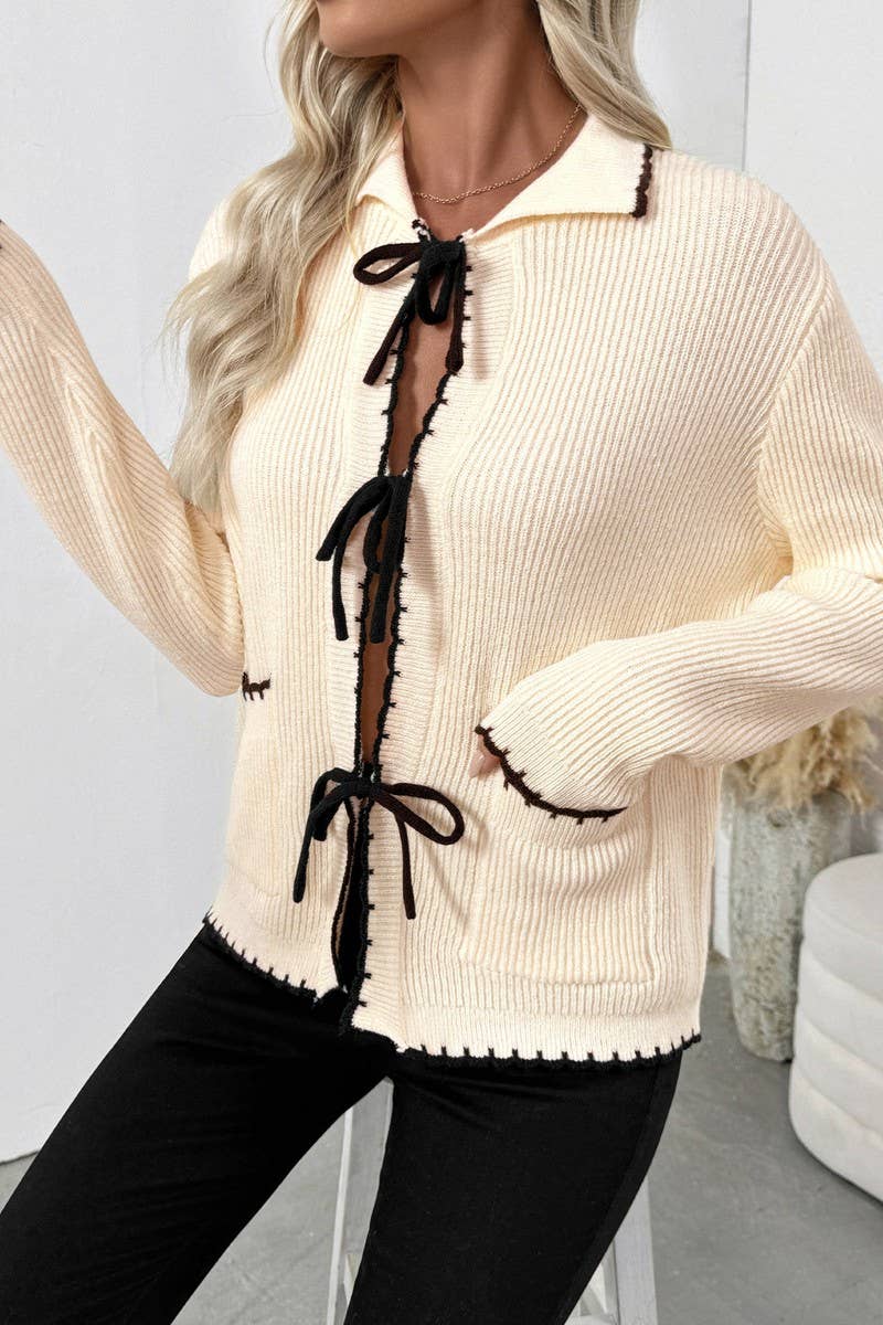 CWOCAL00583_CHIC BOW TIE CONTRAST TRIM CARDIGAN SWEATER