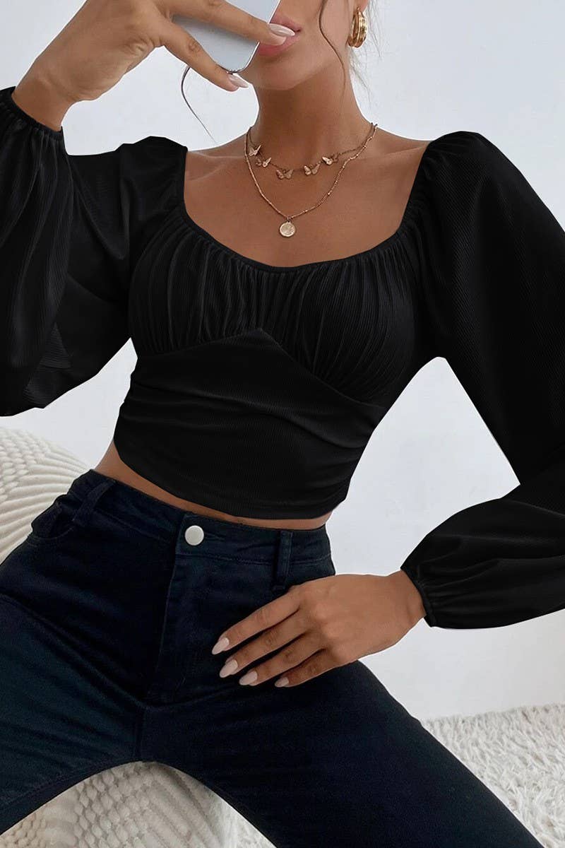 CWTBLL2226_SQUARE NECK LANTERN SLEEVES SHORT SOLID COLOR TOP