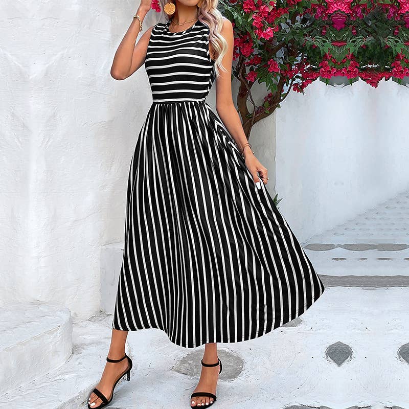 Crew-neck striped sleeveless long swing dress