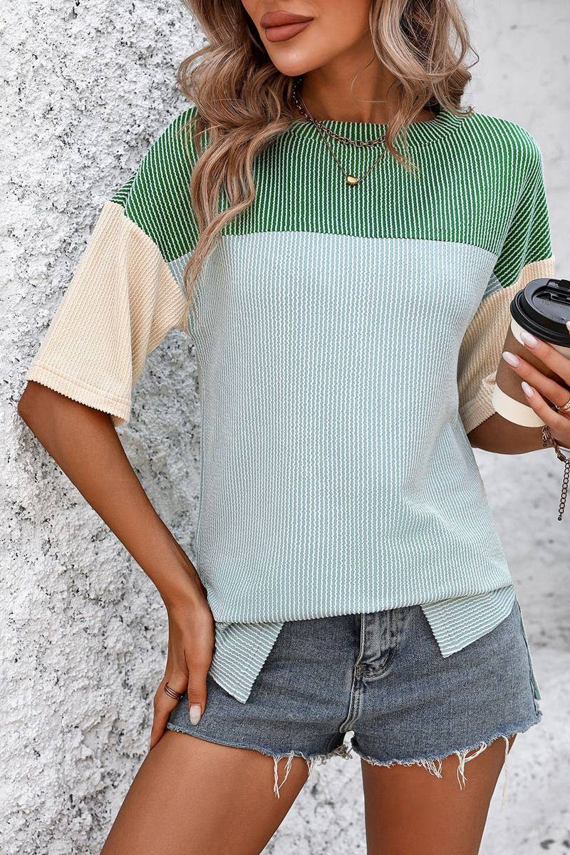 CWTTS1317_SUMMER ROUND NECK COLOR BLOCK LOOSE T-SHIRT