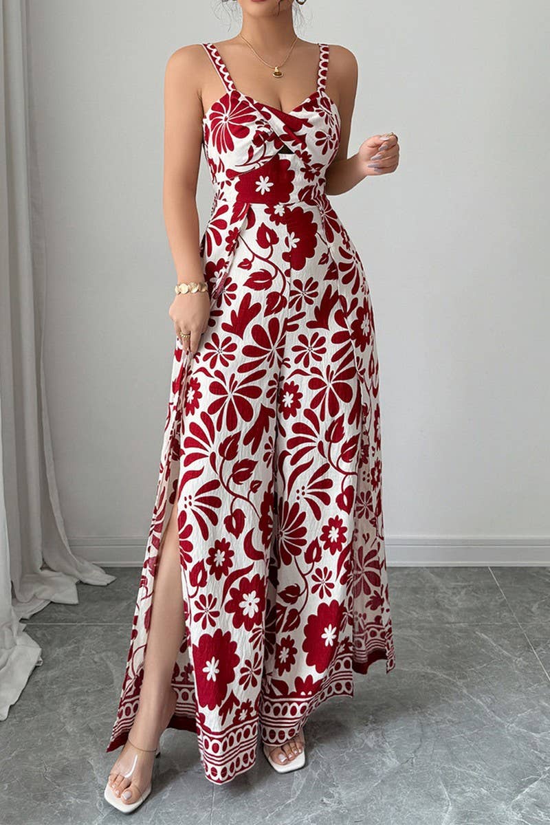 CWDHL0890_ELEGANT TWISTED PRINT SUSPENDERS WIDE-LEG JUMPSUIT