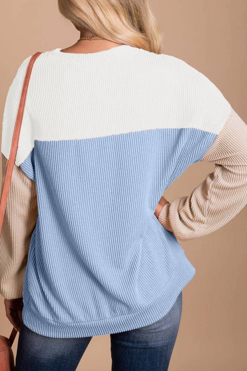 CWTBLL1828_ROUND NECK TWISTED STRIPE COLOR BLOCK LOOSE TOP