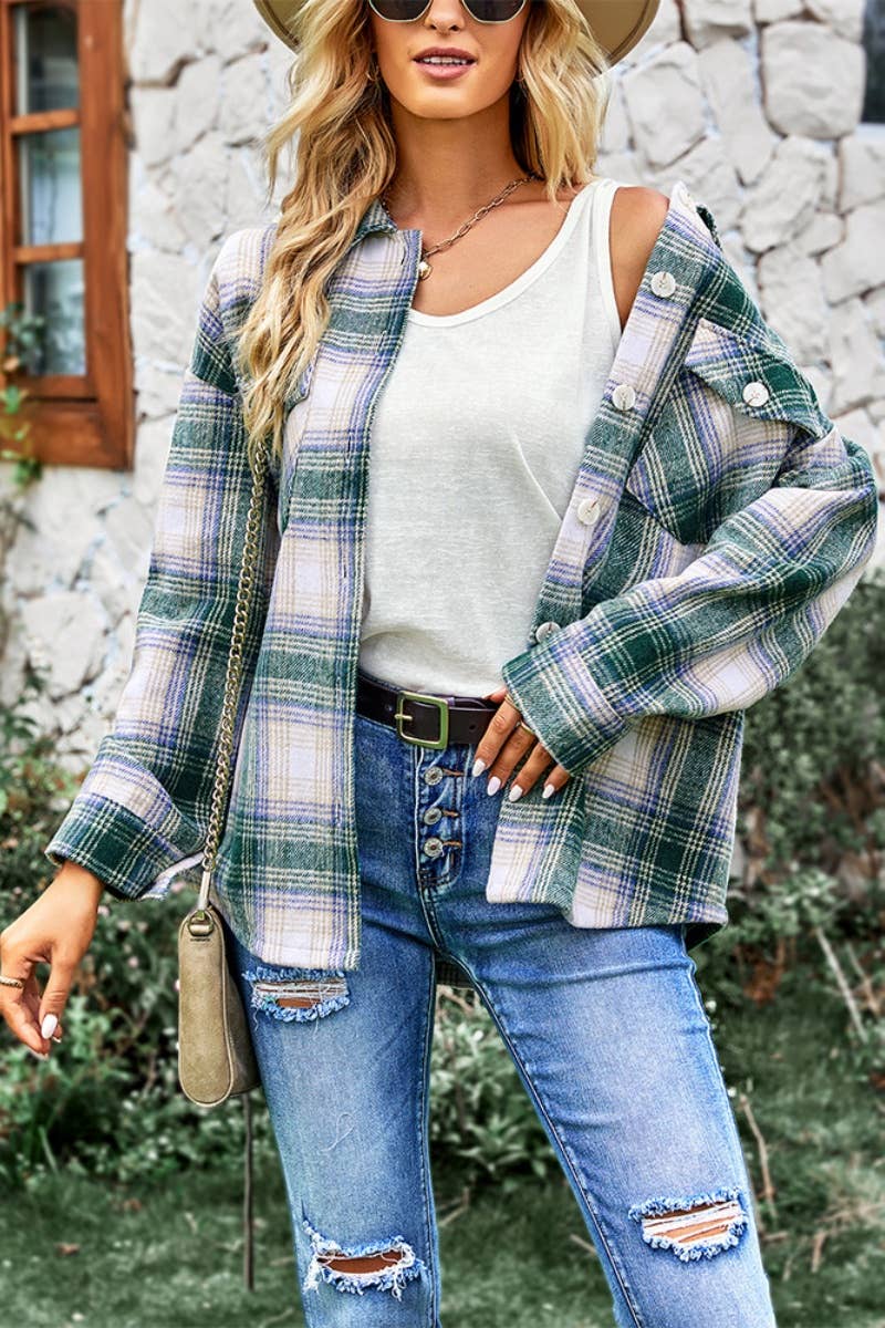 CWTSTL1712_AUTUMN PLAID SHIRT LONG SLEEVE TOP COAT
