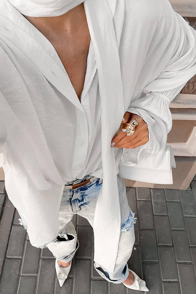 CWTBLL3356_LOOSE WHITE RIBBON TRUMPET SLEEVE SHIRT TOP