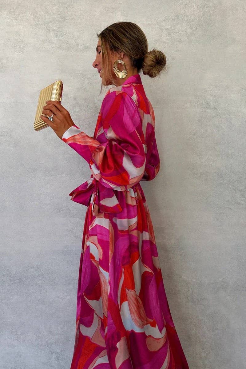 CWDMD5862_V-NECK LACE-UP LONG-SLEEVED ELEGANT DRESS