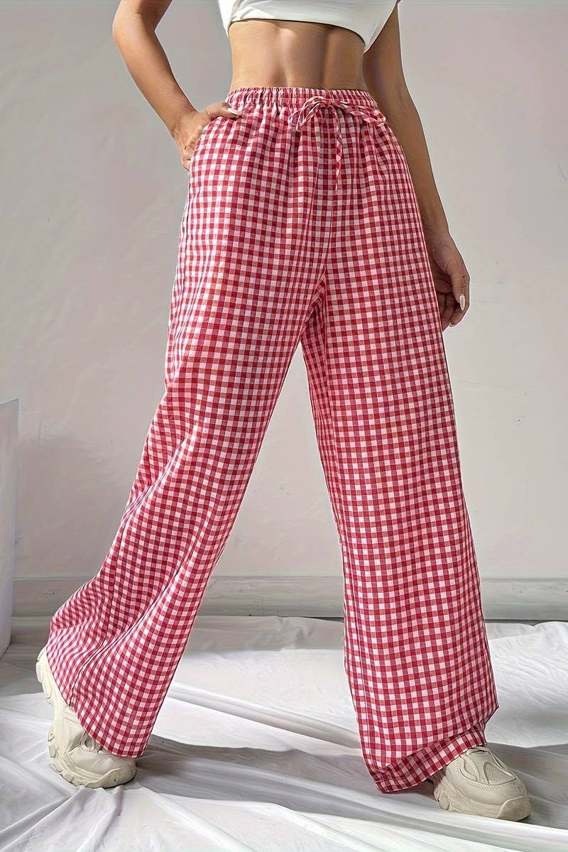 CWBLP1138_LOOSE PINK PLAID LACE-UP CASUAL WIDE-LEG PANTS