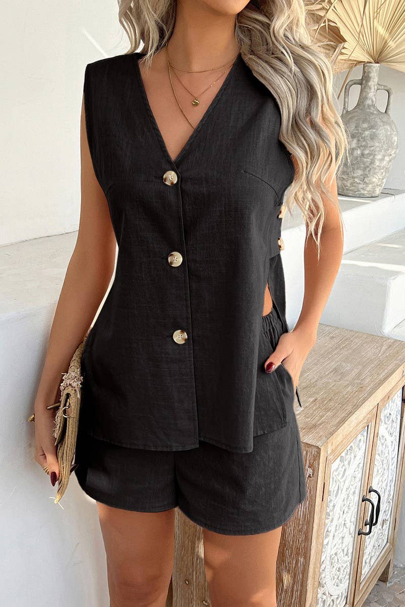 CWSS1192_CASUAL HOLIDAY STYLE SOLID COLOR VEST SHORTS SUIT