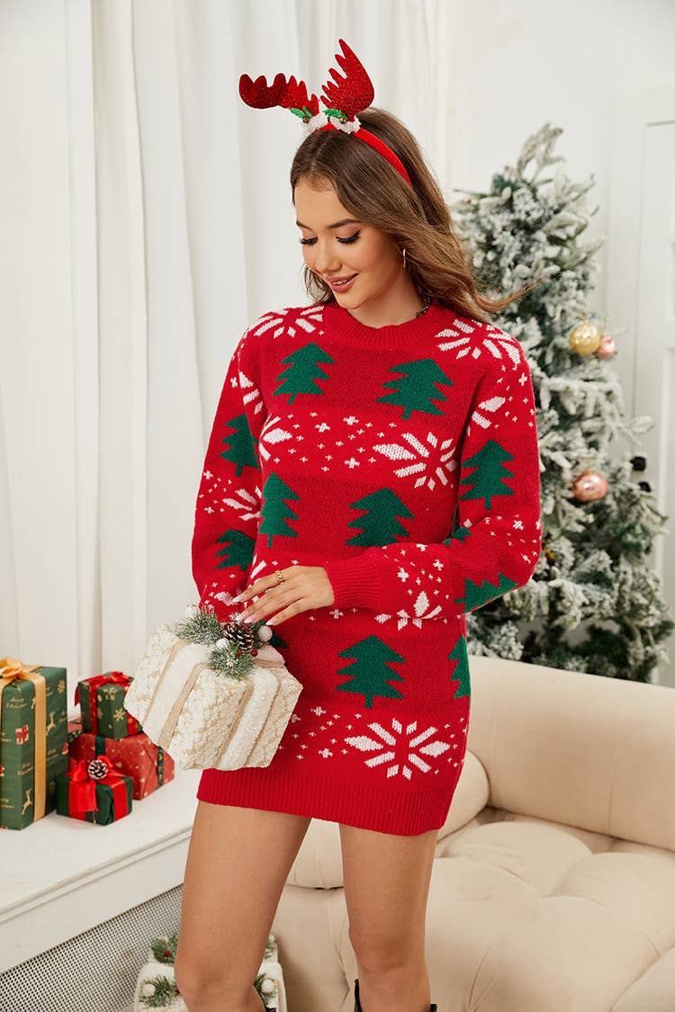 CHRISTMAS TREE JACQUARD LONG SWEATER DRESS