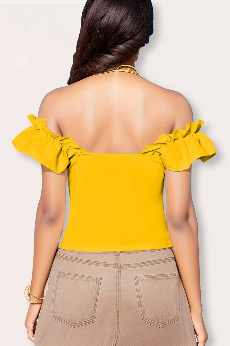 CWTBLS1911_OFF SHOULDER RUFFLE TRIM SOLID COLOR TOP