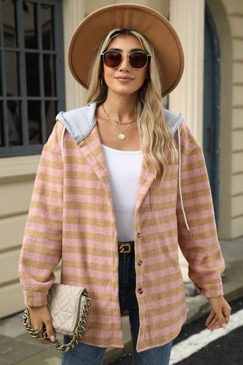 CWOCO0568_FALL PLAID HOODED PATCHWORK WOOLEN COAT