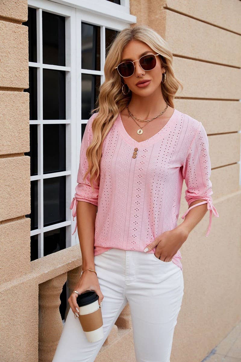 CWTTS0814_3/4 Sleeve V-Neck Knit Top