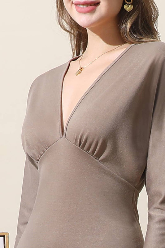 CWDMD804_V NECK SHIRRING WORK OFFICE FORMAL BODYCON DRESS