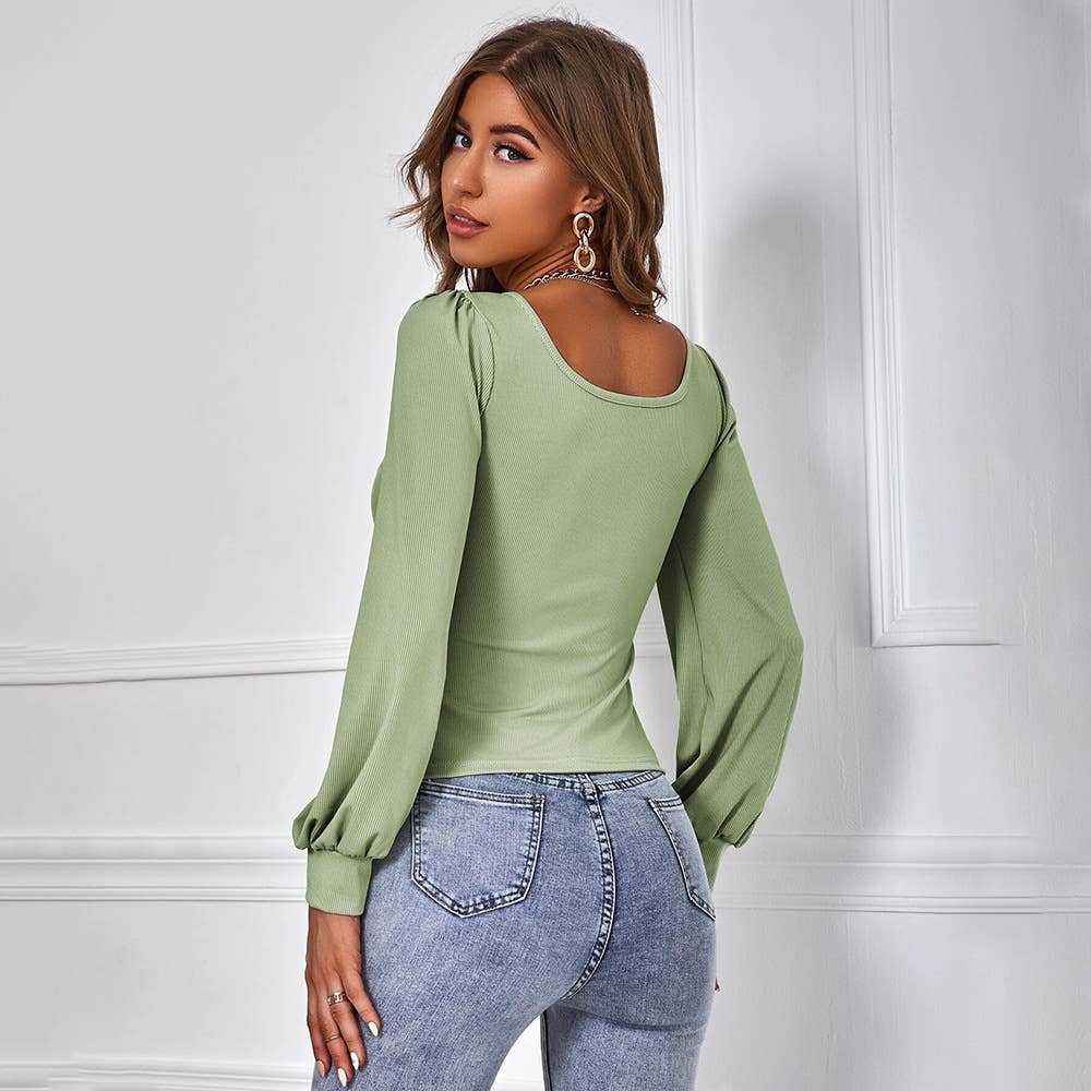 CASUAL PUFFED SLEEVE KNITTED SQUARE NECK T-SHIRT