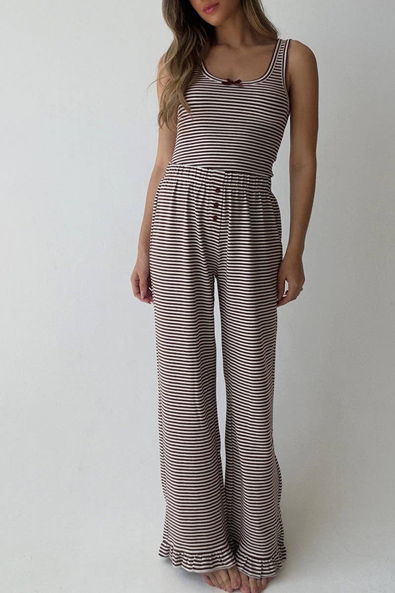 CWSPJ452_STRIPED RUFFLED TWO-PIECE PAJAMAS HOME CLOTHES