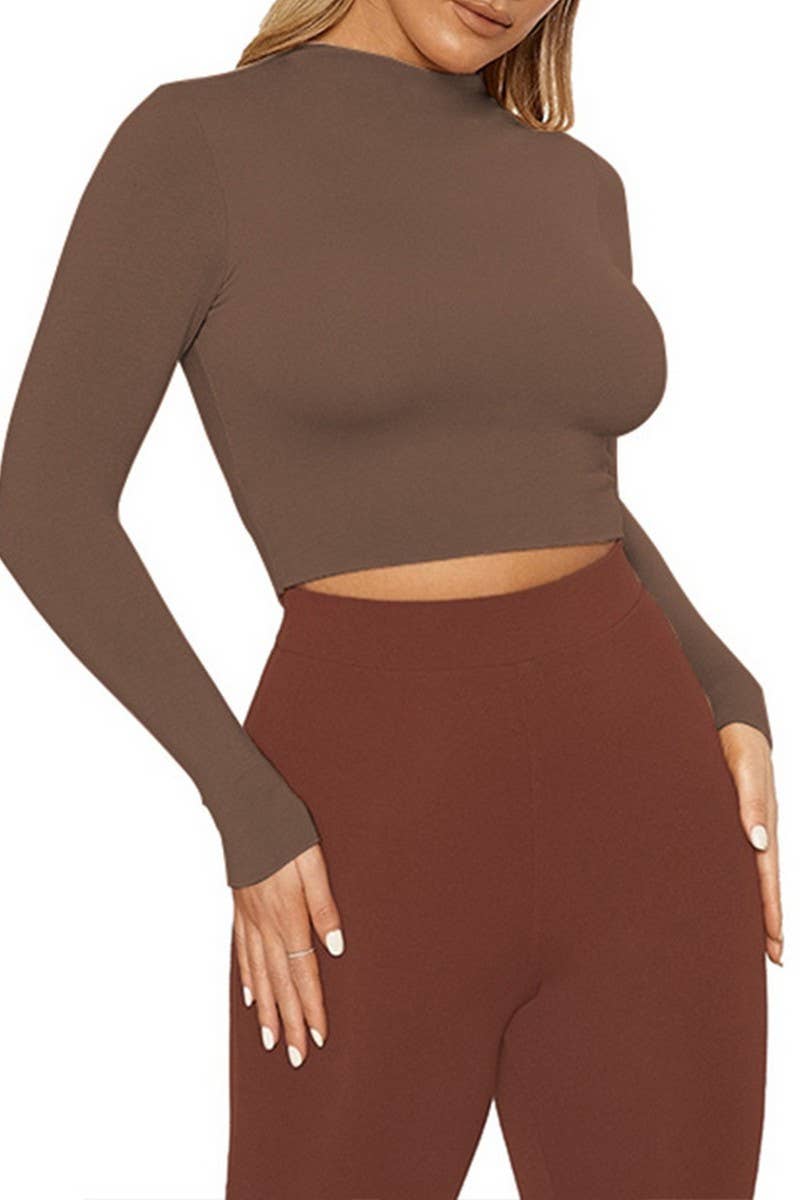 CWTTL1696_NAVEL-EXPOSED HALF-HIGH COLLAR T-SHIRT