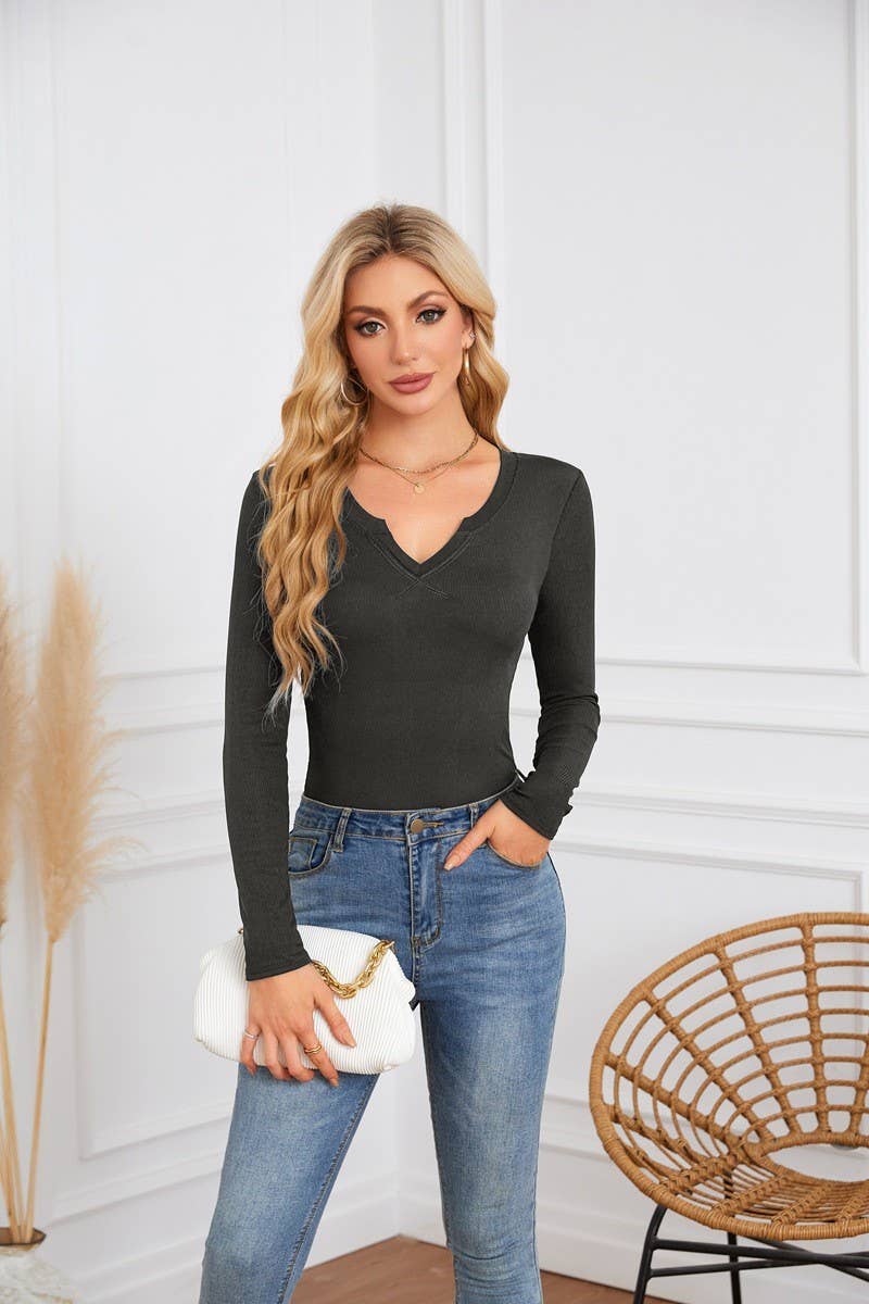 CWTBLL4097_DEEP U-NECK CROSS-OVER LONG-SLEEVED T-SHIRT TOP