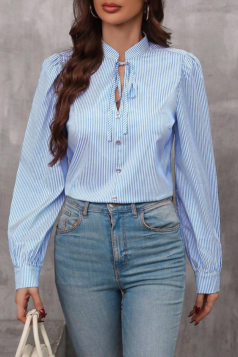 CWTBLL01287_HALF-OPEN COLLAR TIE LONG-SLEEVED STRIPED SHIRT