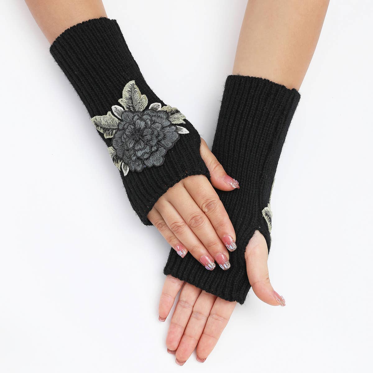 FLOWER WARM KNITTED WOOL GLOVES AND SLEEVES_CWAG0109