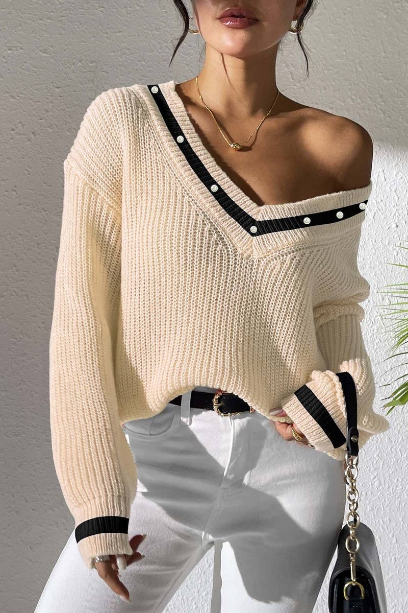 CWOSWL07342_WOMEN PREPPY COLOR BLOCK V NECK PEARL SWEATER