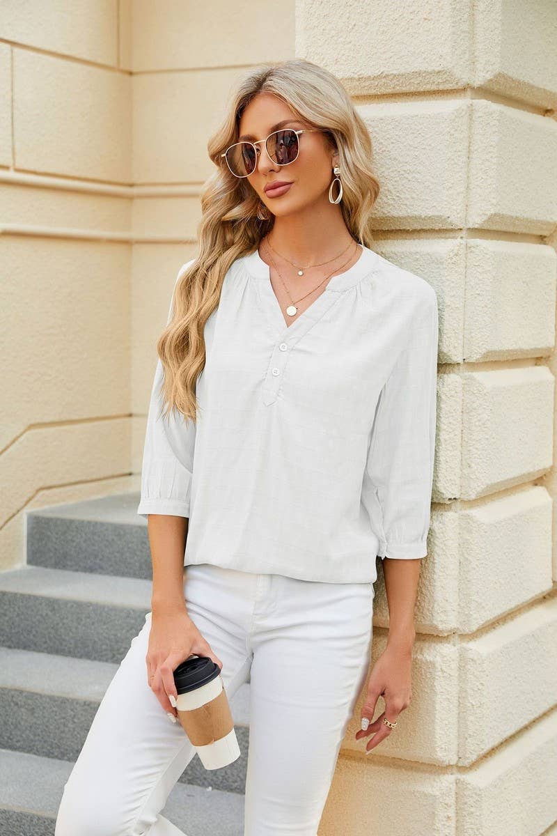 CWTTS0829_3/4 Sleeve V Neck Knit Top