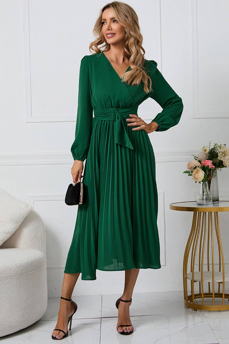 CWDMD1462_V-NECK LONG SLEEVED PLEATED DRESS