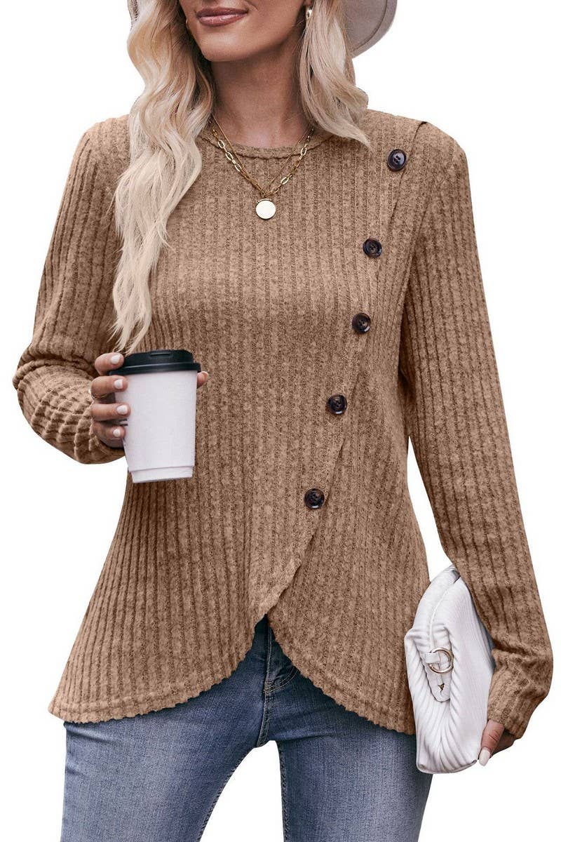 CWTBLL1830_SOLID COLOR ROUND NECK RIBBED HEM BUTTON T-SHIRT