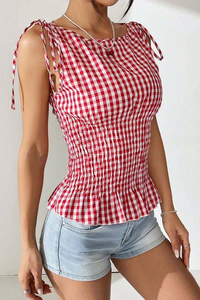 CWBLP2060_TEMPERAMENT PLAID SUSPENDER DRAWSTRING TOP