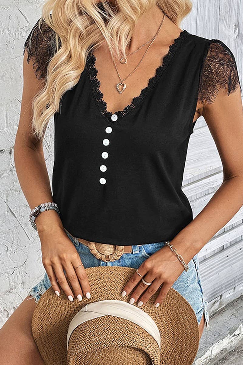 CWTTSL0221_V-Neck Lace Detailed Sleeveless Top