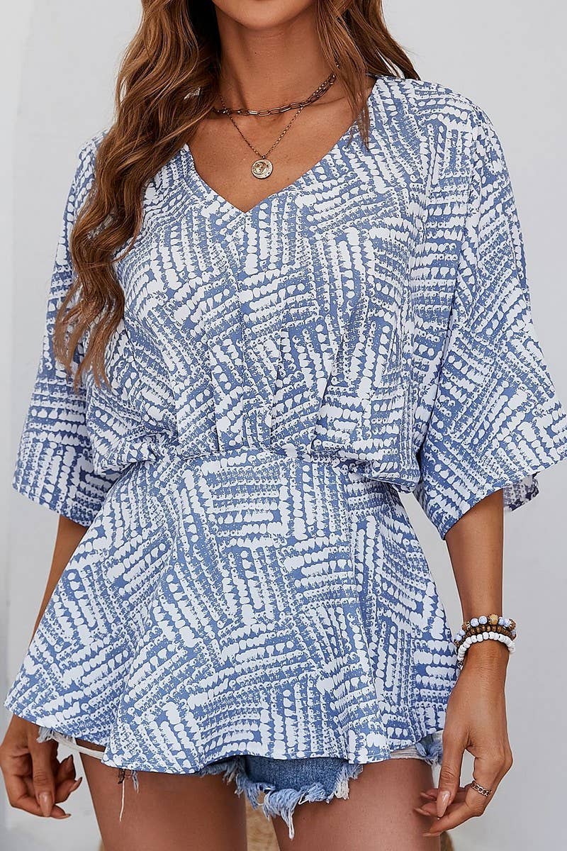 CWTBLS1802_V-NECK BAT SLEEVE LOOSE SHORT-SLEEVED PRINTED TOP