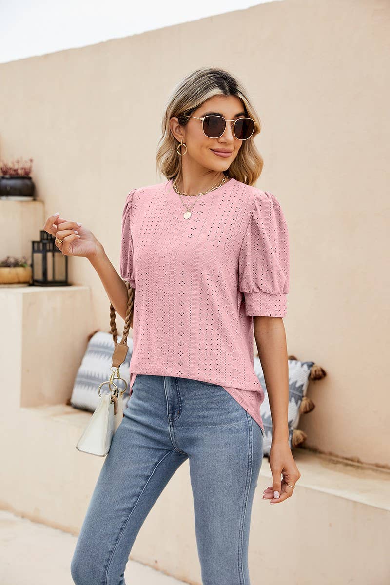 CWTBLS0615_ HOLLOW PUFF SLEEVES SHORT SLEEVED BLOUSE TOP