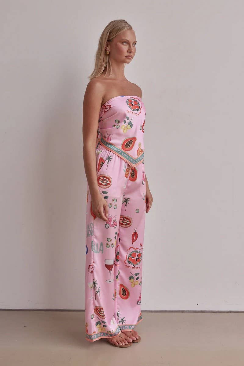 CWSJS1740_FLORAL STRAPLESS CROP TOP WITH WIDE LEG PANTS SET