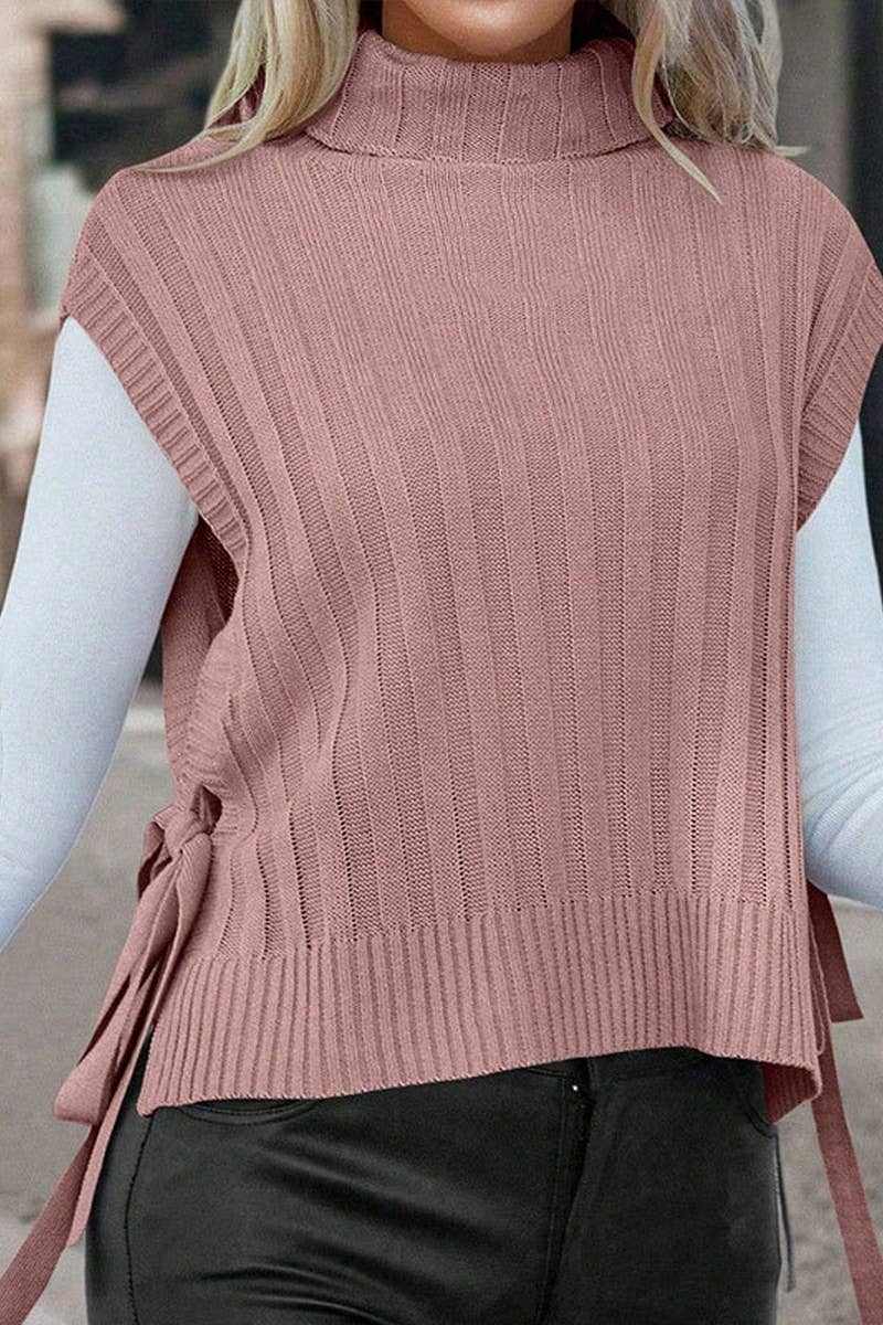 CWOSWSL00158_SOLID TURTLENECK SLEEVELESS SIDE TIE KNIT VEST