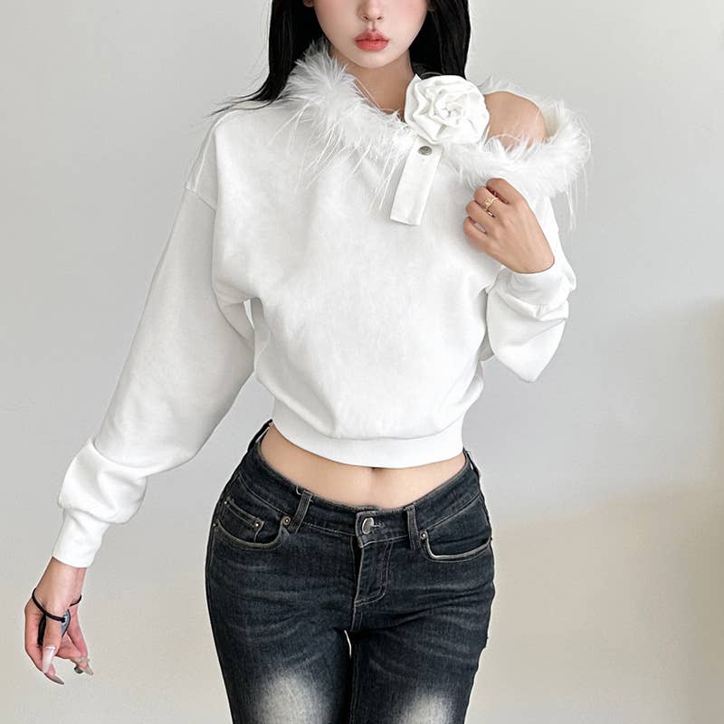 FLEECE COLLAR STEREO FLORAL OFF-THE-SHOULDER TOp