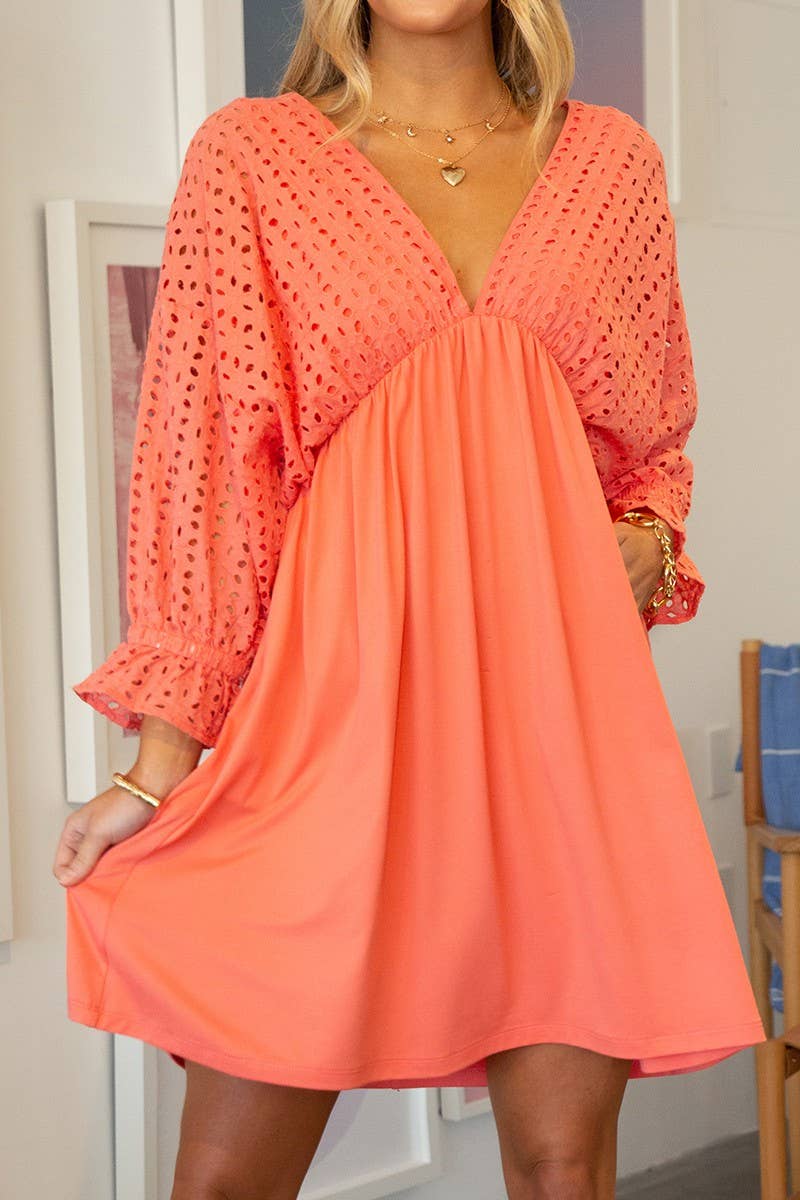 CWDSD10370_COTTON EYELET CONT BODICE WITH 3/4 SLEEVE DRESS