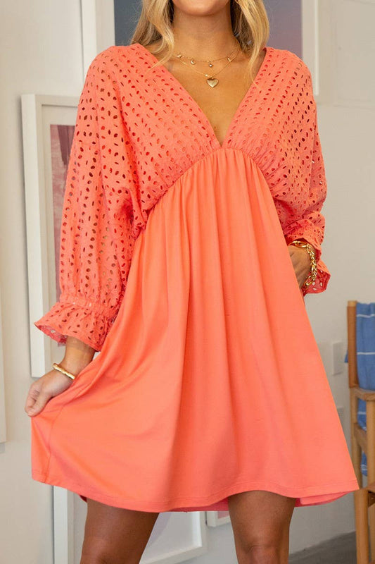 CWDSD10370_COTTON EYELET CONT BODICE WITH 3/4 SLEEVE DRESS