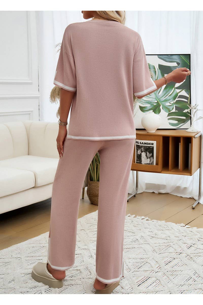 CWSTB0963_Color Matching Short Sleeved Top Pants Knit Set