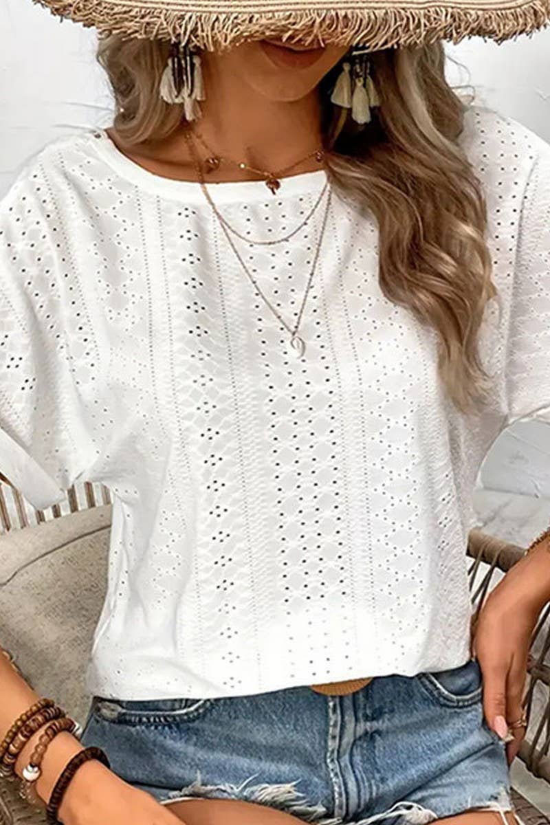 CWTTS1397_SUMMER SOLID COLOR EMBROIDERED HOLLOW T-SHIRT