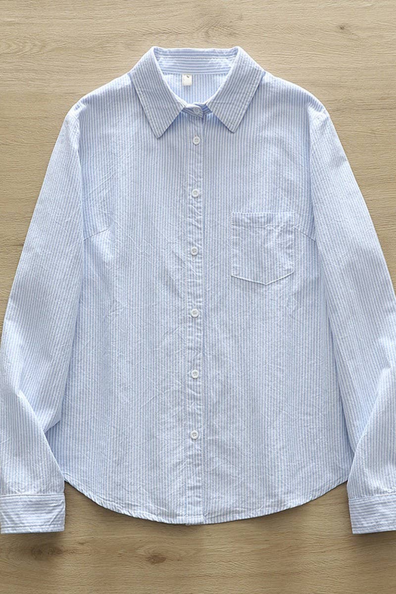 CWTSTL2242_LOOSE LAPEL POCKET LONG SLEEVE STRIPED SHIRT TOP