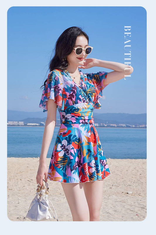 CWMW0857_MAPLE LEAF PRINT HIGH WAIST ONE-PIECE SWIMSUIT