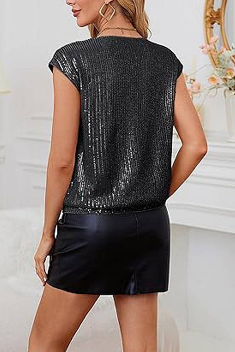 CWTTS1387_RAGLAN SLEEVE SEQUINED SLIM V-NECK SOLID COLOR TOP