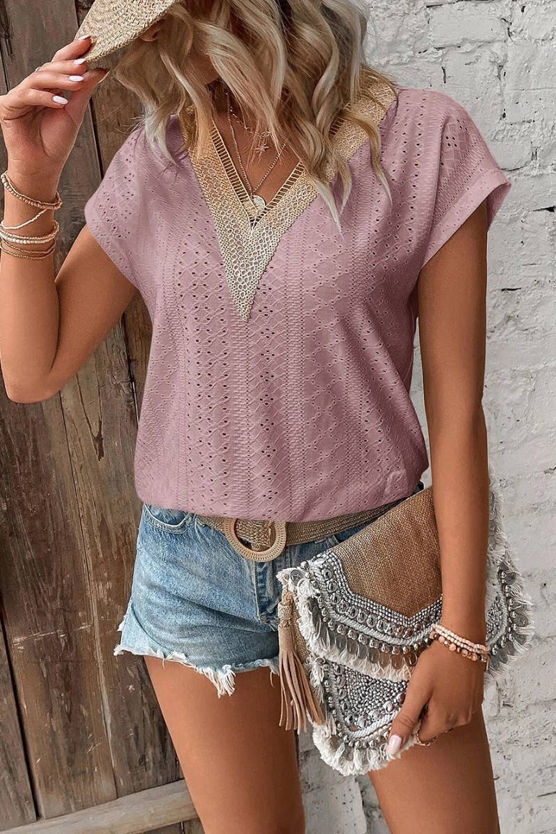 CWTBLS0642_WOMEN'S V-NECK LACE PATCHWORK SHORT-SLEEVED TOP