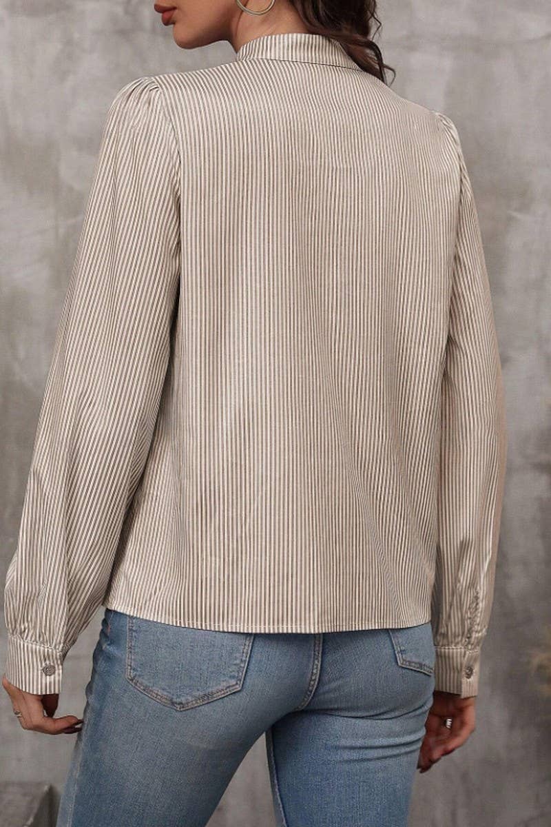 CWTSTL2886_STRIPED V-NECK TIE FRONT BUTTON LONG SLEEVE SHIRT