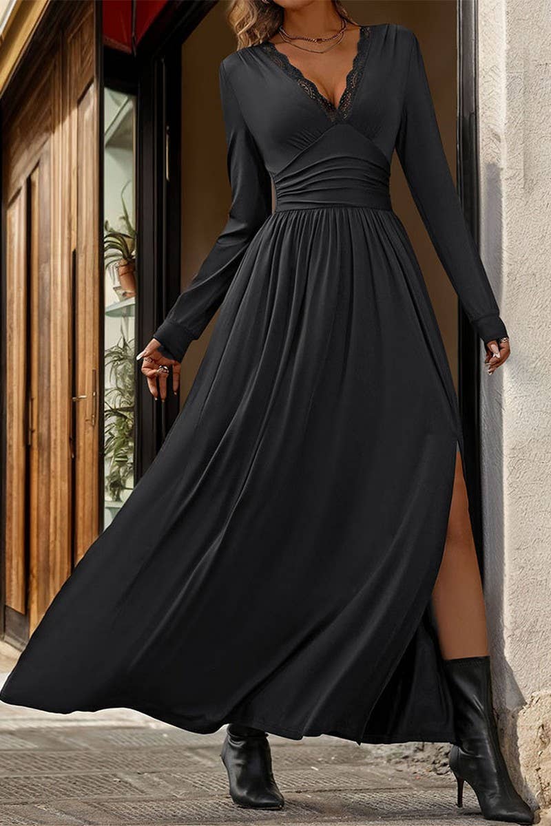 CWDMD3054_SOLID COLOR V-NECK SLIT SLIM LONG SLEEVE DRESS