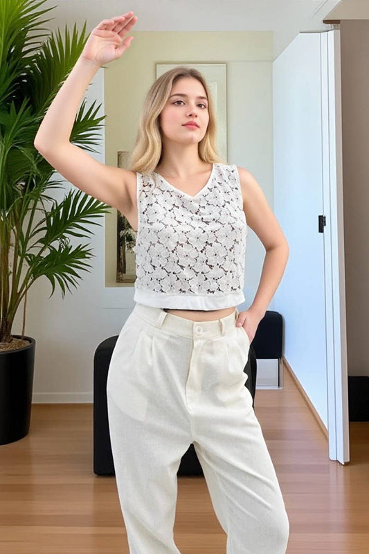 CWTBLSL01014_SOLID COLOR LACE HOLLOW JACQUARD SHORT VEST