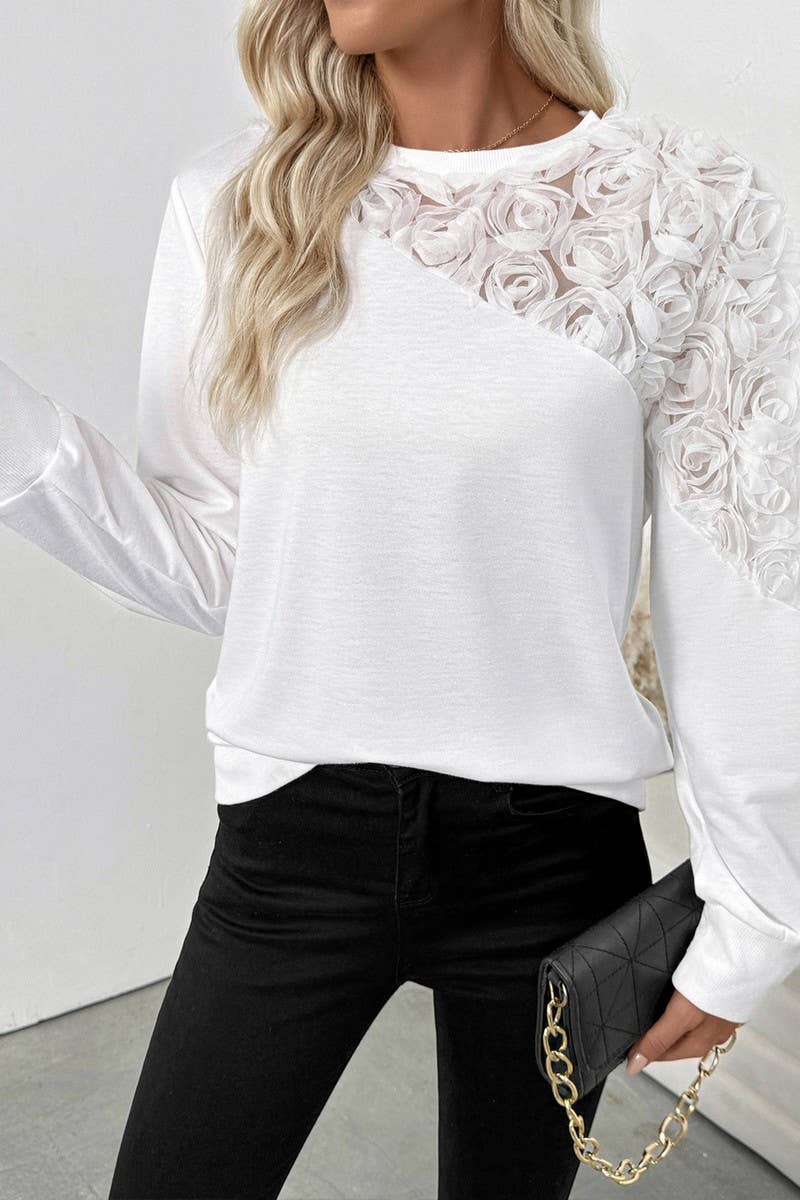 CWTBLL4043_SOLID LONG SLEEVE SWEATSHIRT WITH 3D ROSE DETAIL