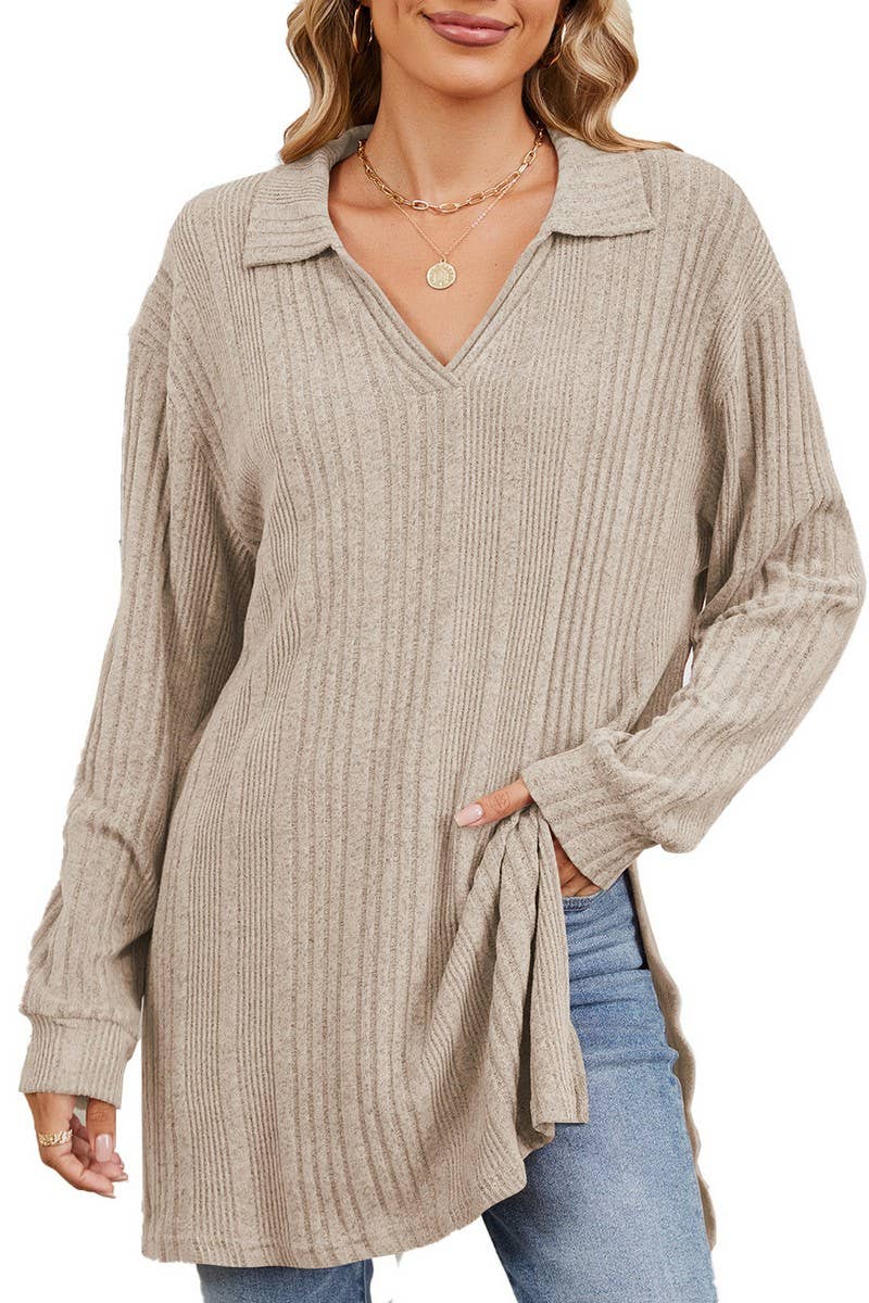 CWTBLL2351_SOLID COLOR V-NECK LONG SLEEVE SLIT T-SHIRT TOP