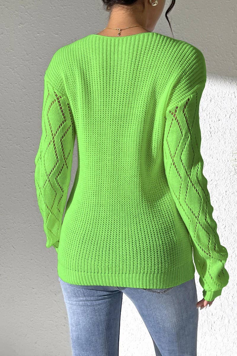 CWOSWL07385_WOMEN LACE V NECK COLOR BLOCK KNIT TOP