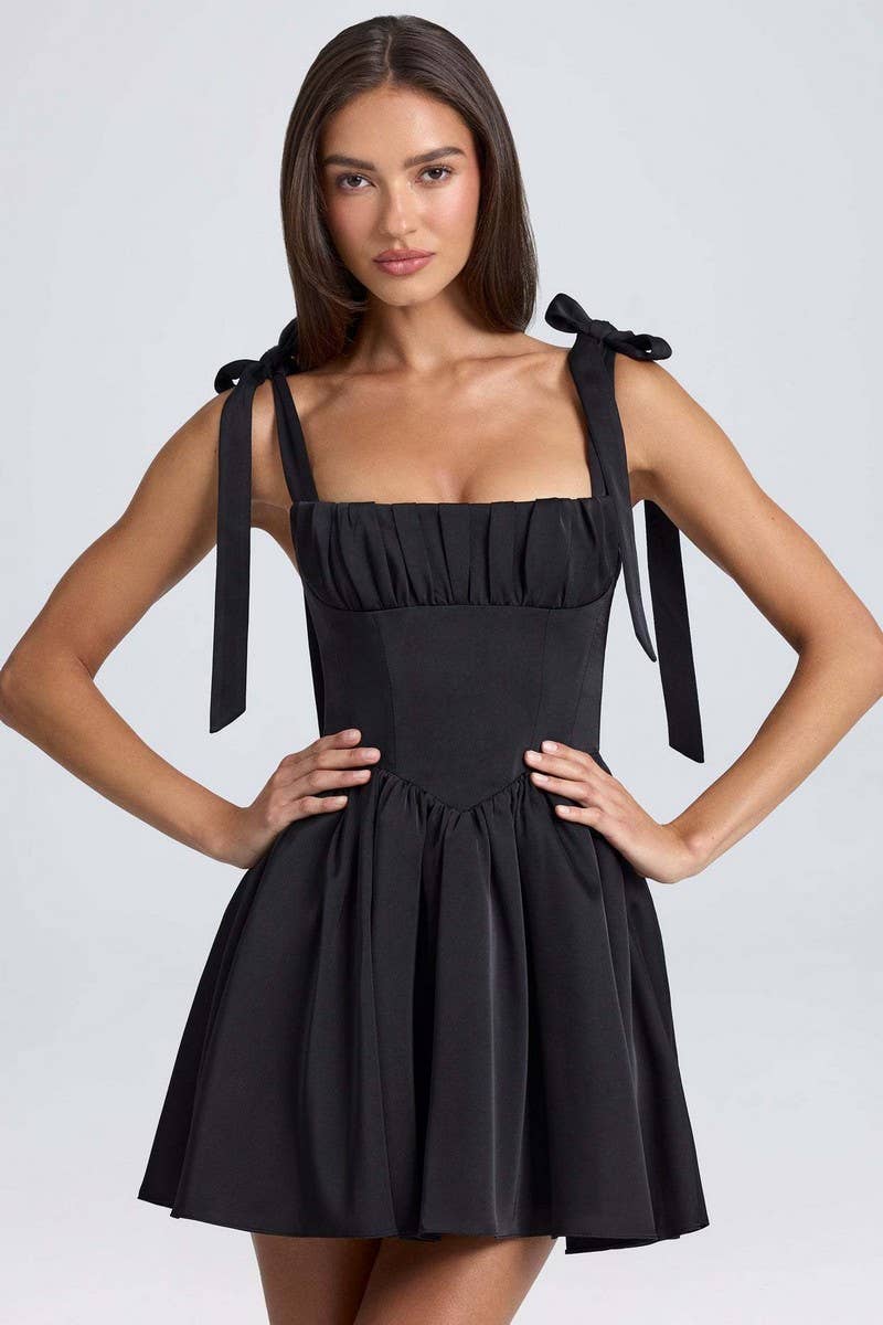 CWDSD8121_SQUARE NECK HIGH WAIST PLEATED BOW SLIP DRESS