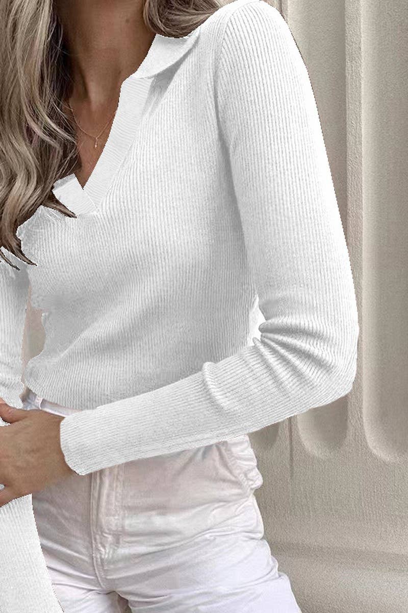 CWTBLL3774_POLO NECK NAVEL RIBBED KNIT LONG SLEEVE TOP